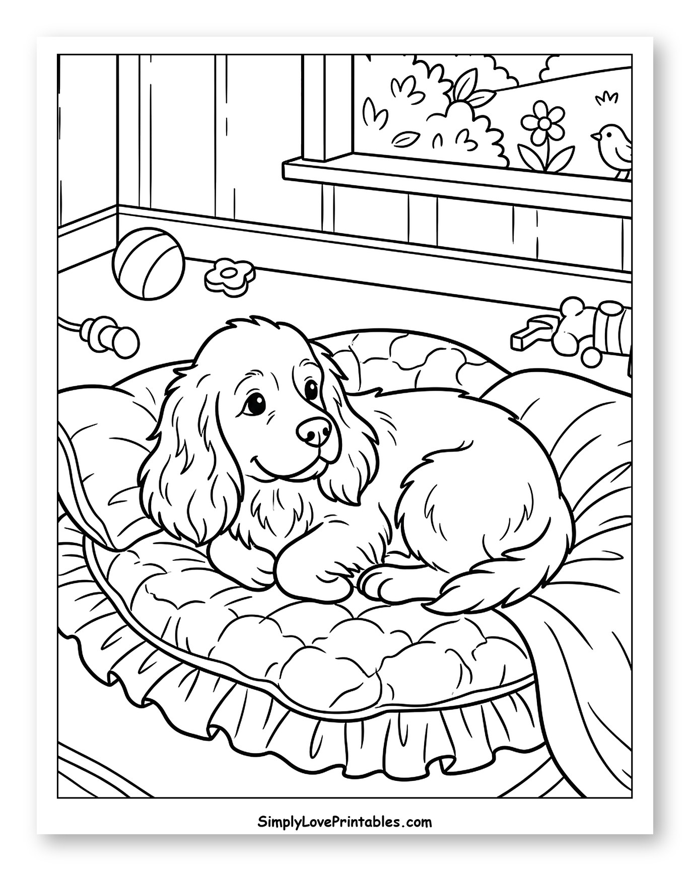 Cocker Spaniel Puppy Resting on Dog Bed to Color for Kids
