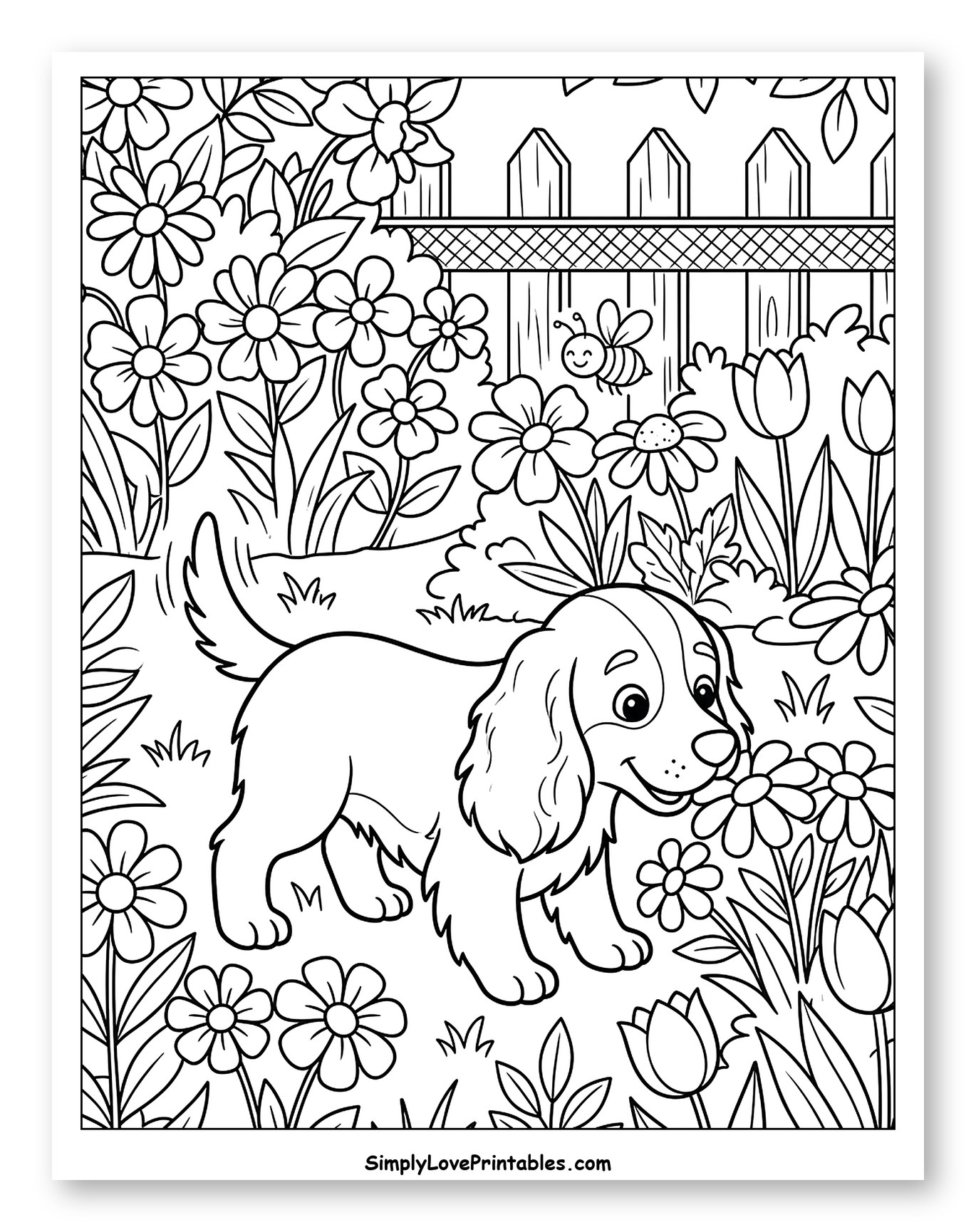 Cocker Spaniel Puppy Sniffing Flowers in Garden to Color for Kids