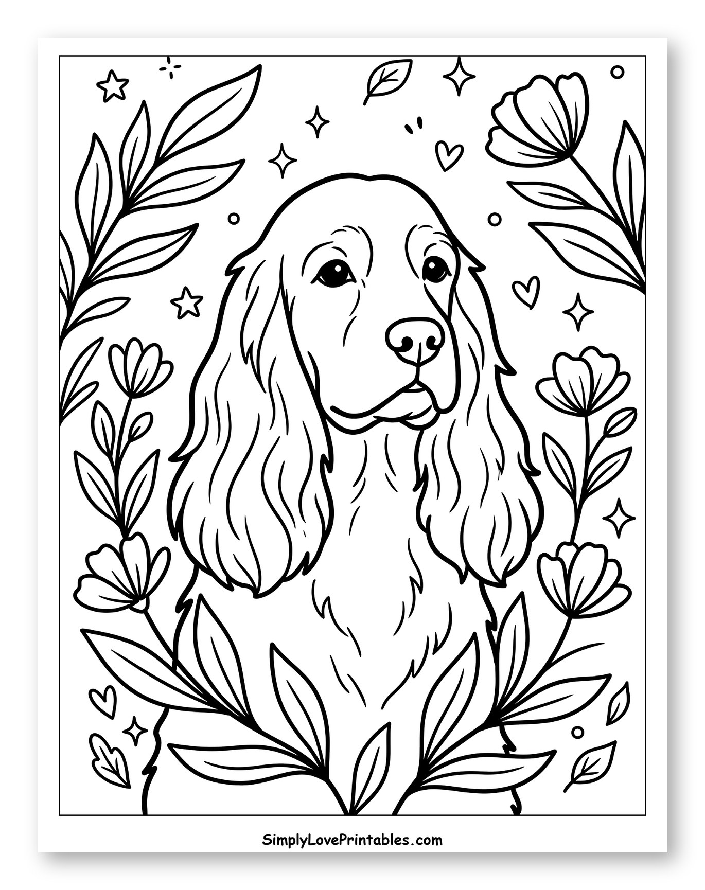 Cocker Spaniel Surrounded by Flowers and Stars Coloring Sheet for Adults