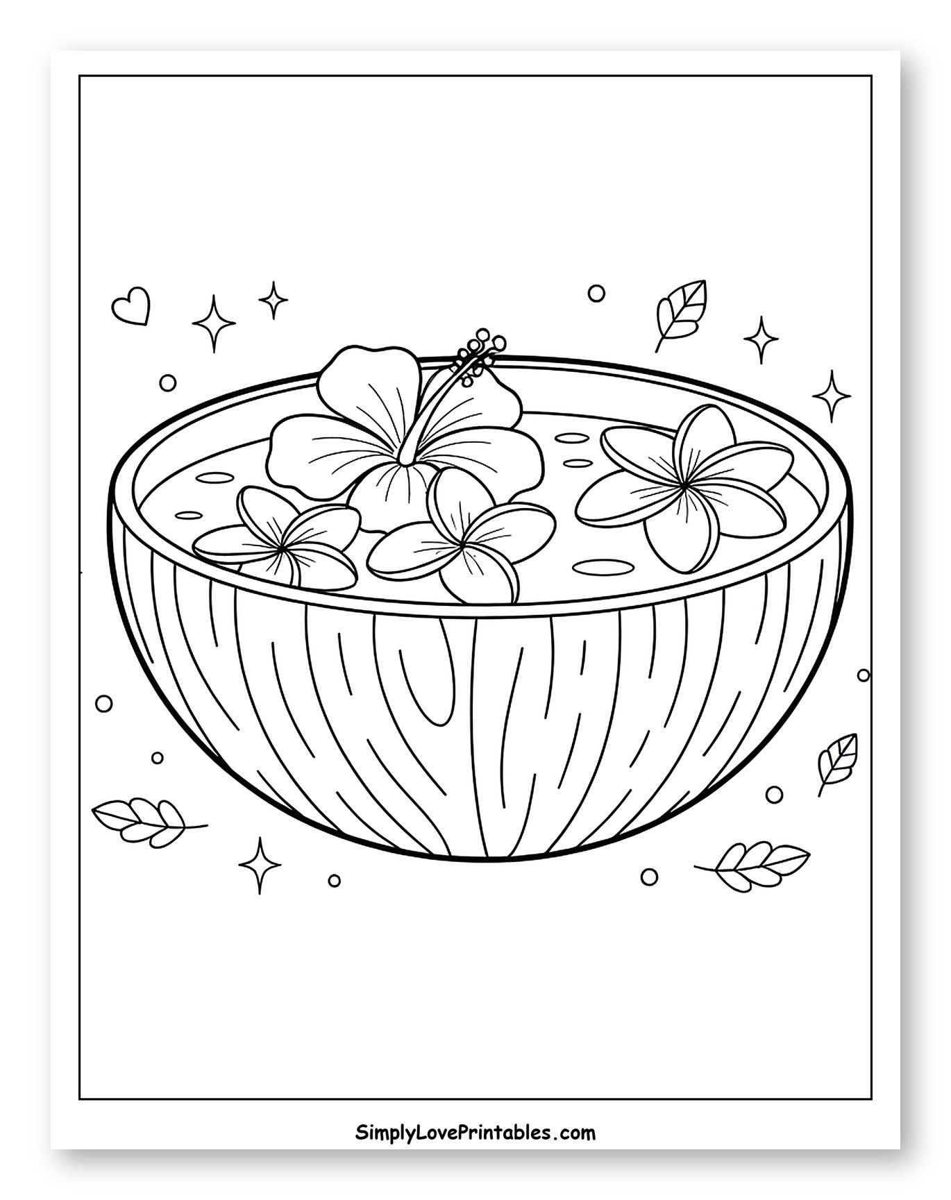 Coconut Bowl with Floating Tropical Flowers to Color for Adults