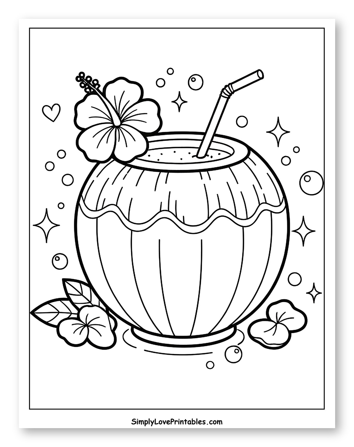 Coconut Drink with Hibiscus Flower Coloring Sheet for Adults