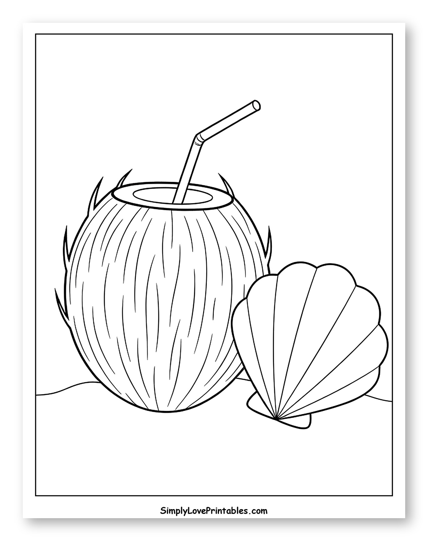 Coconut Drink with Straw and Scallop Shell Coloring Page for Toddlers