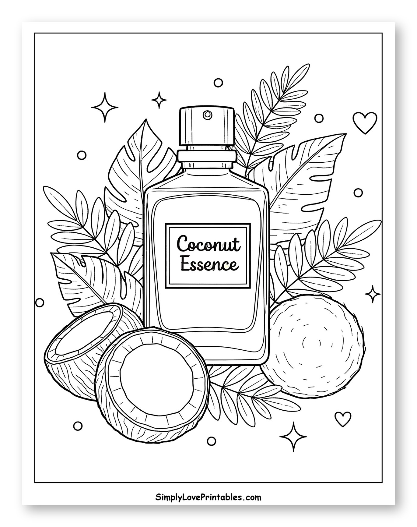 Coconut Essence Bottle with Tropical Leaves and Coconuts