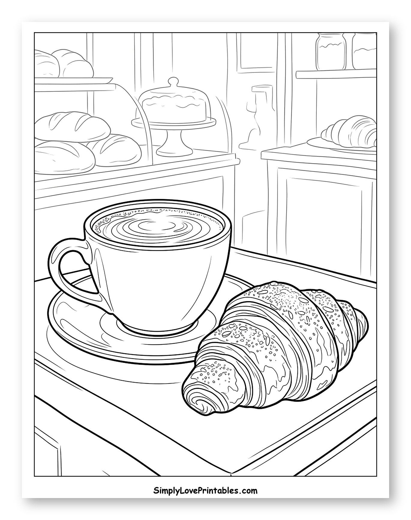 Coffee and Croissant in a Bakery Coloring Sheet