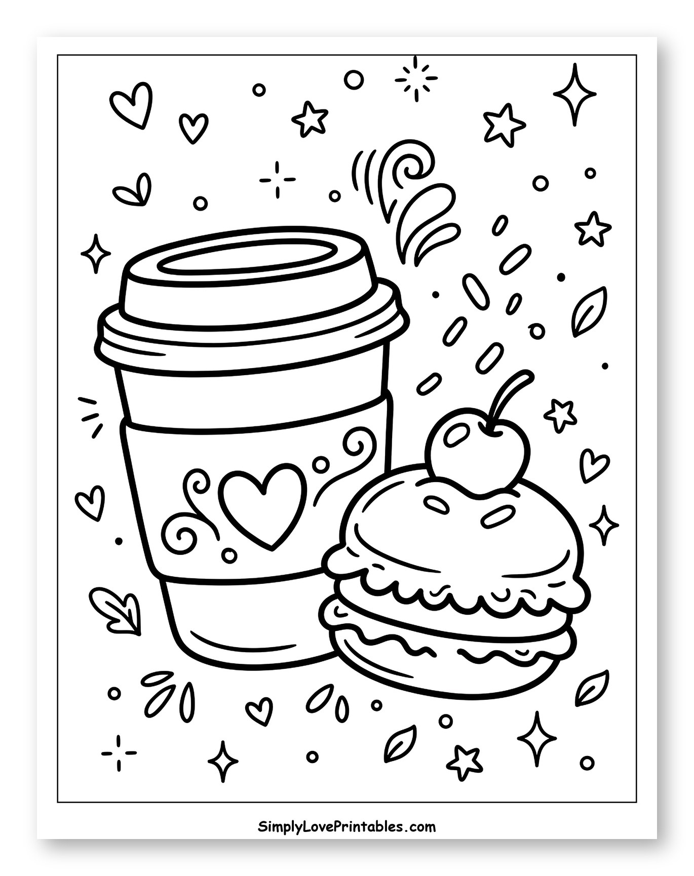 Coffee Cup and Cherry-Topped Macaron to Color for Adults