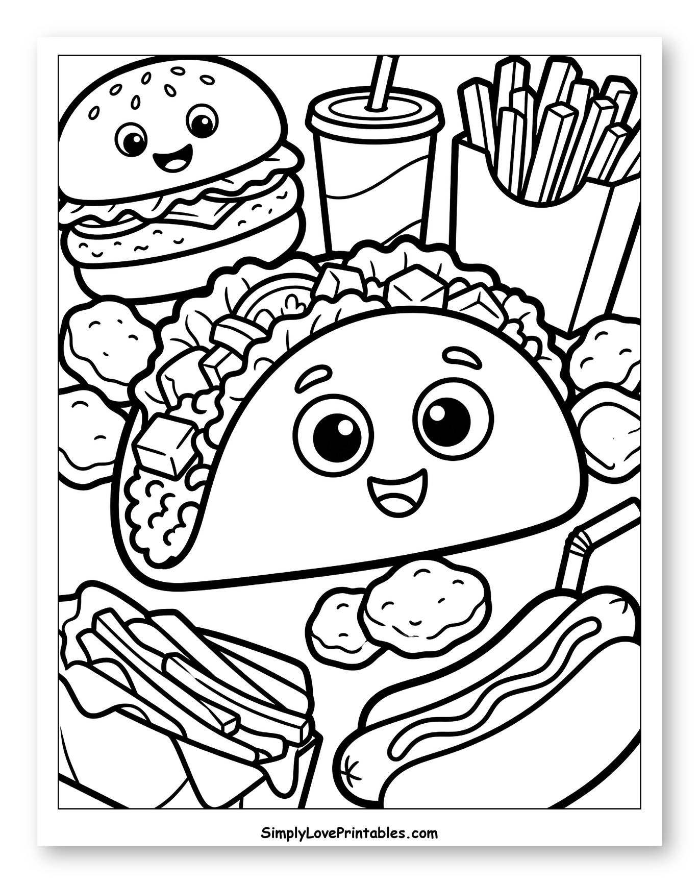 Collection of Happy Fast Food Items Coloring Page for Toddlers