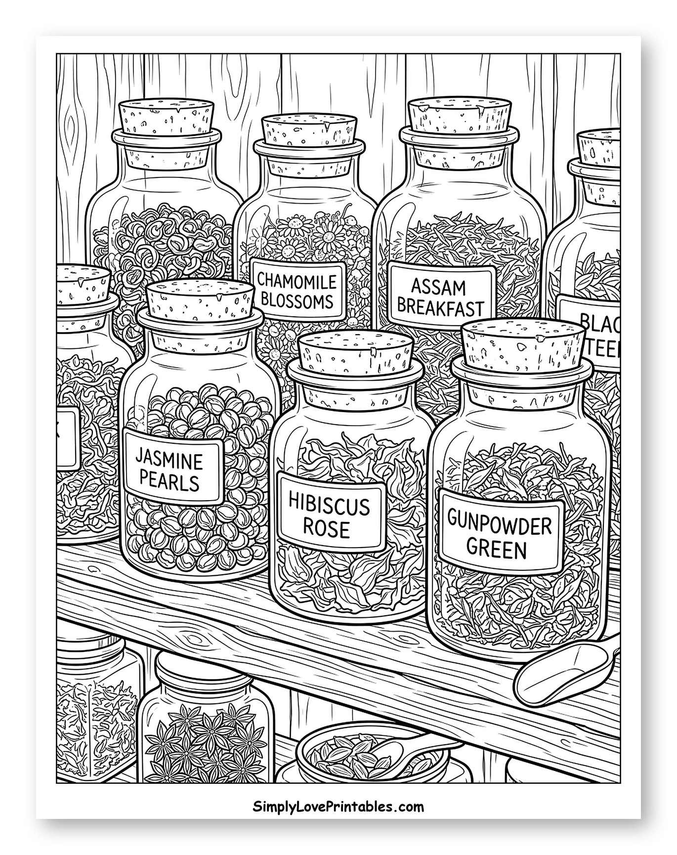 Collection of Teas and Herbs in Jars to Color