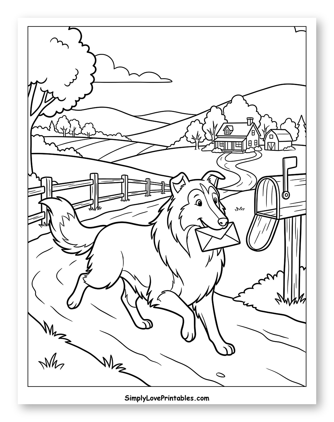 Collie Dog Delivering Letter to Mailbox Coloring Page for Kids