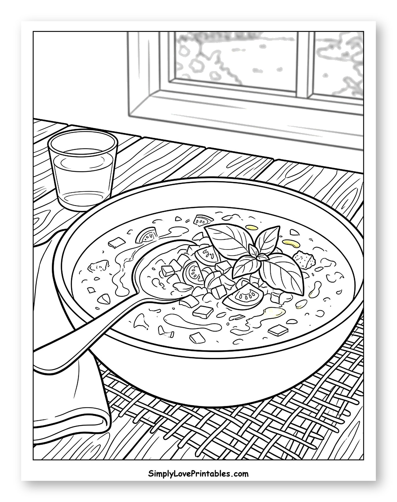 Comforting Soup Meal by a Scenic Window Coloring Sheet