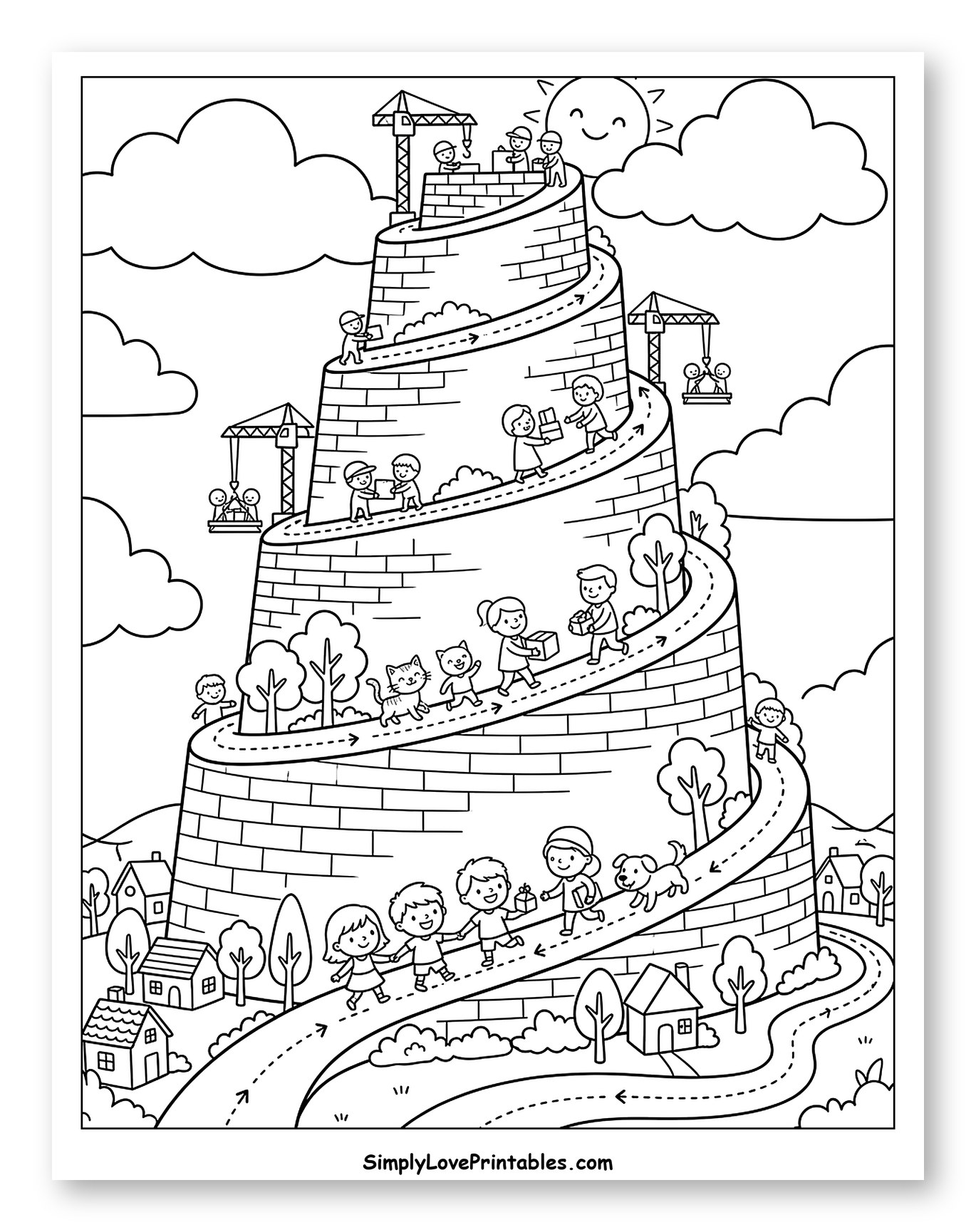 Community Building a Winding Tower to Color for Kids