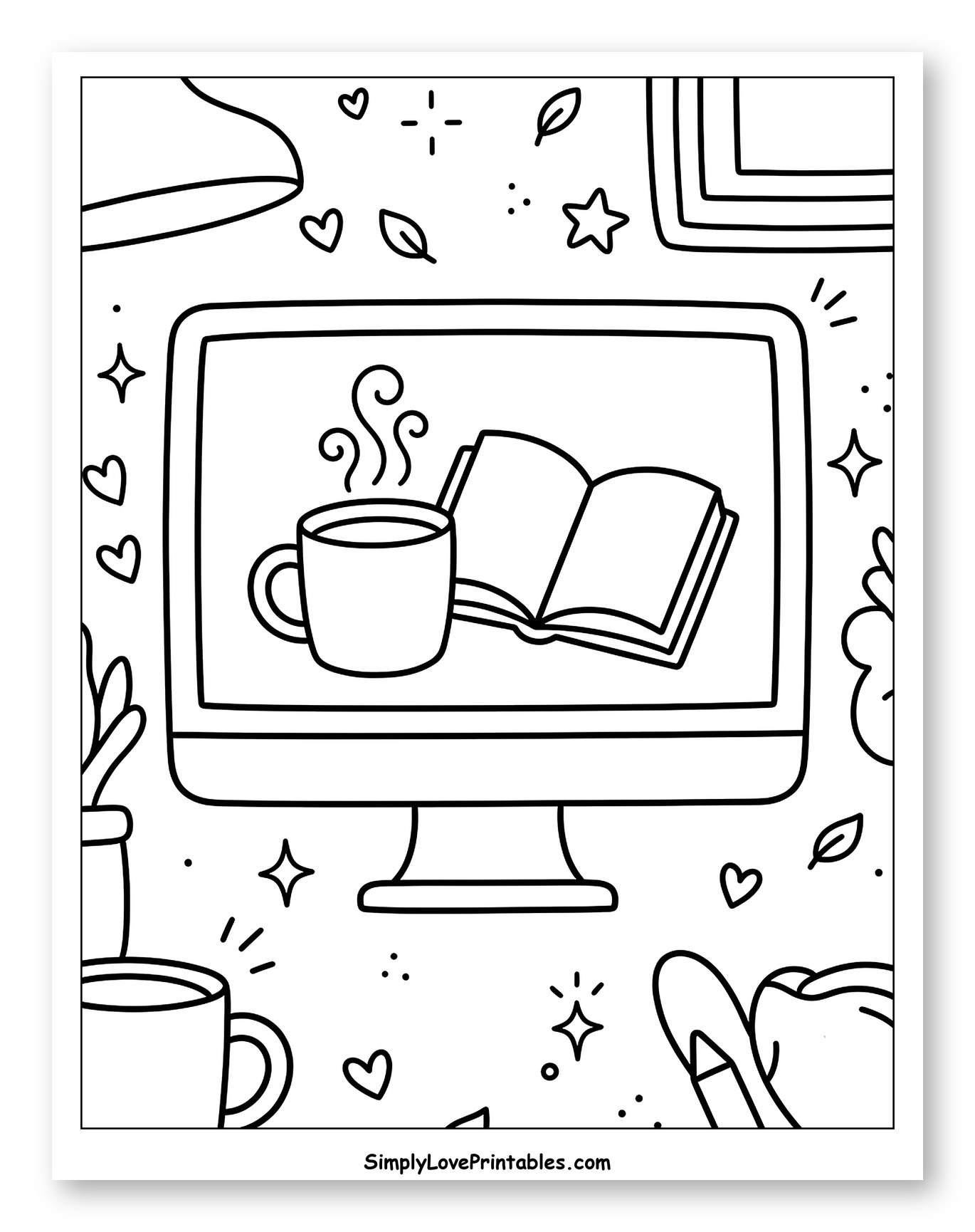 Computer Monitor with Steaming Coffee and Book Coloring Page for Adults