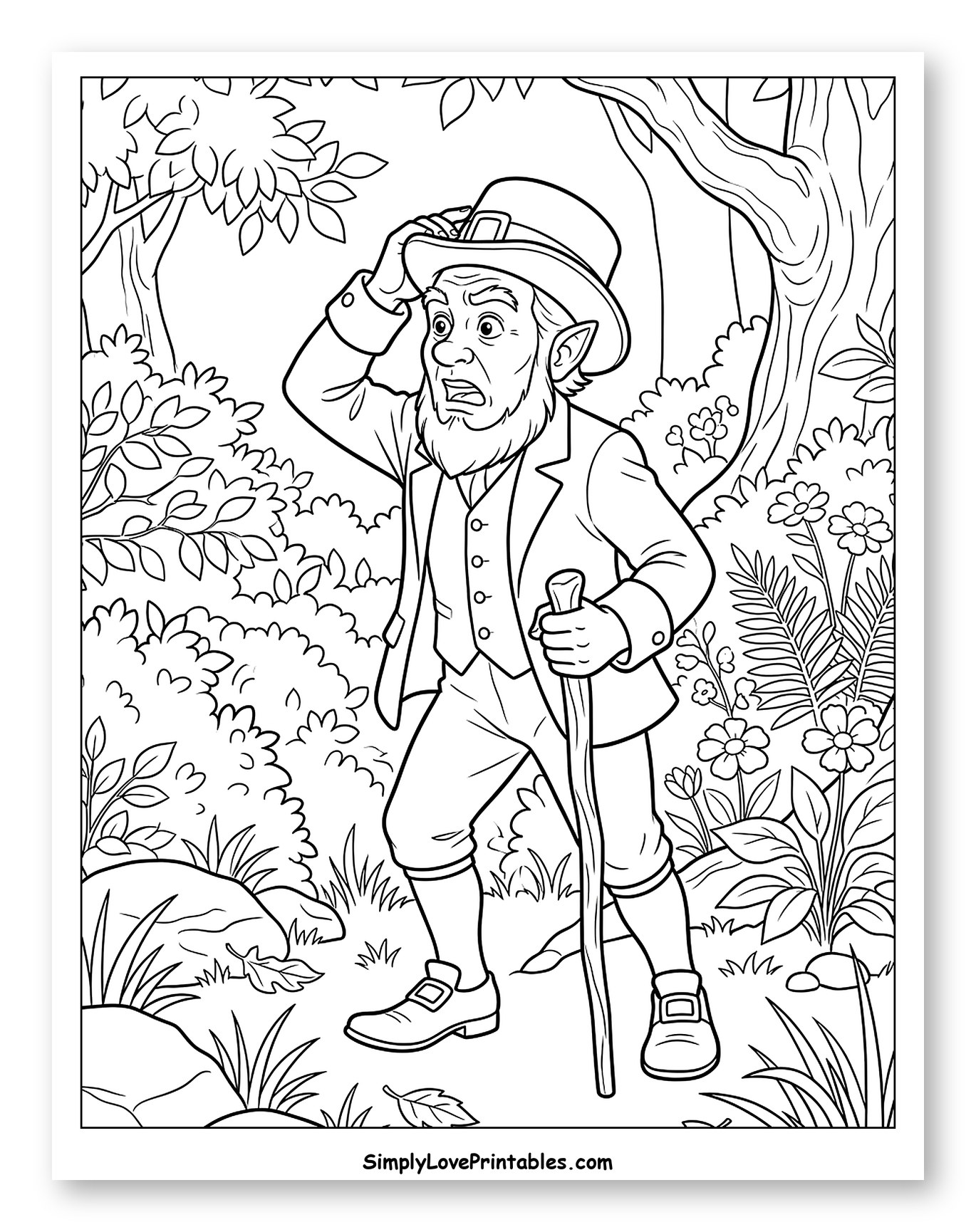 Confused Leprechaun in Woods with Stick to Color