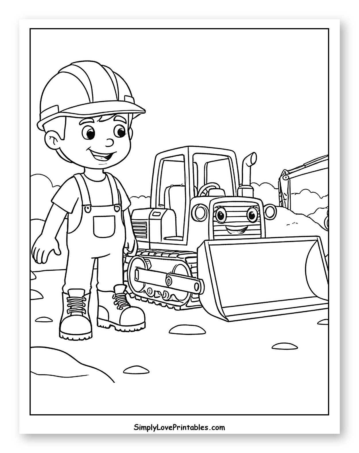 Construction Worker with Smiling Bulldozer and Excavator