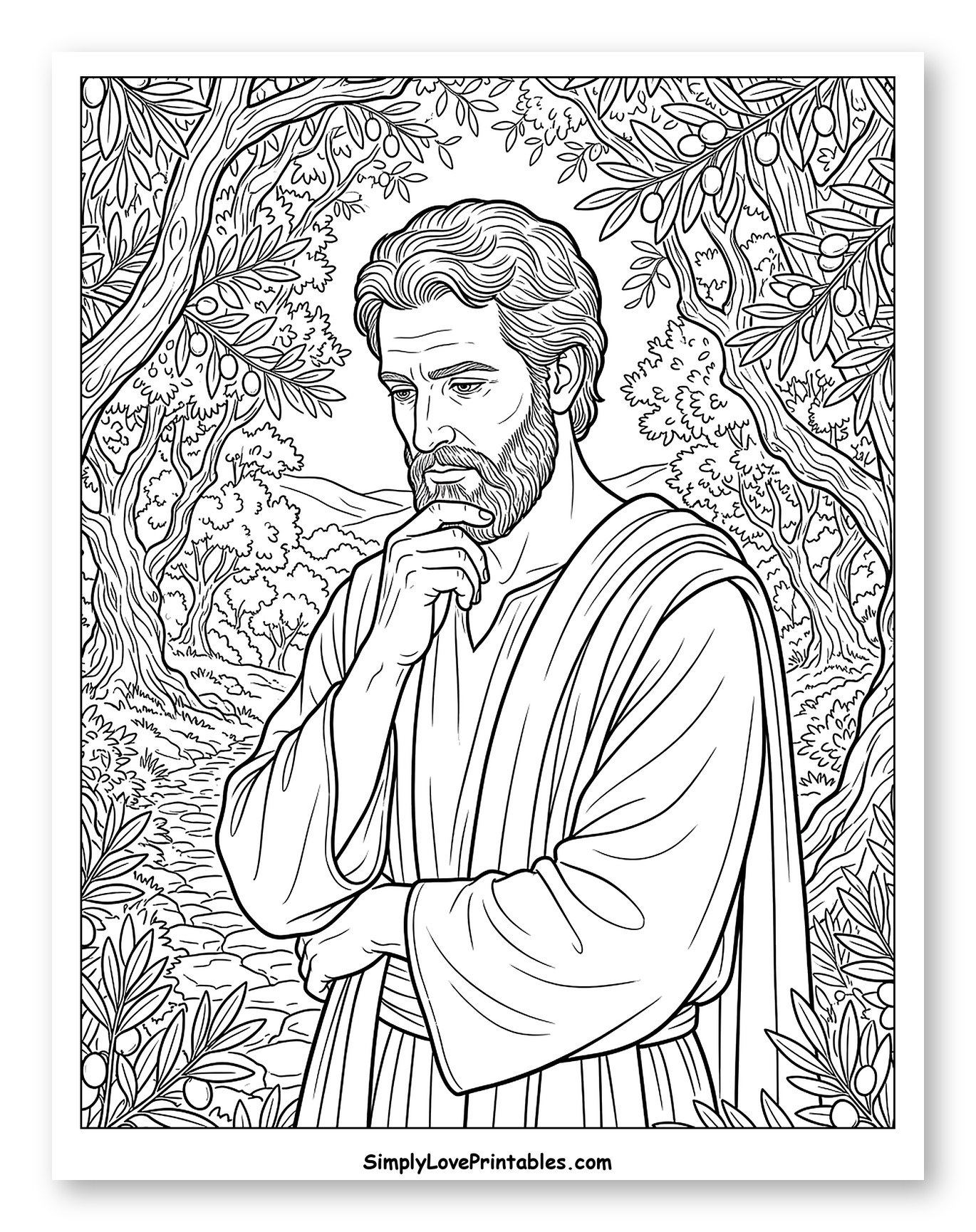 Contemplative Biblical Figure in Olive Grove to Color