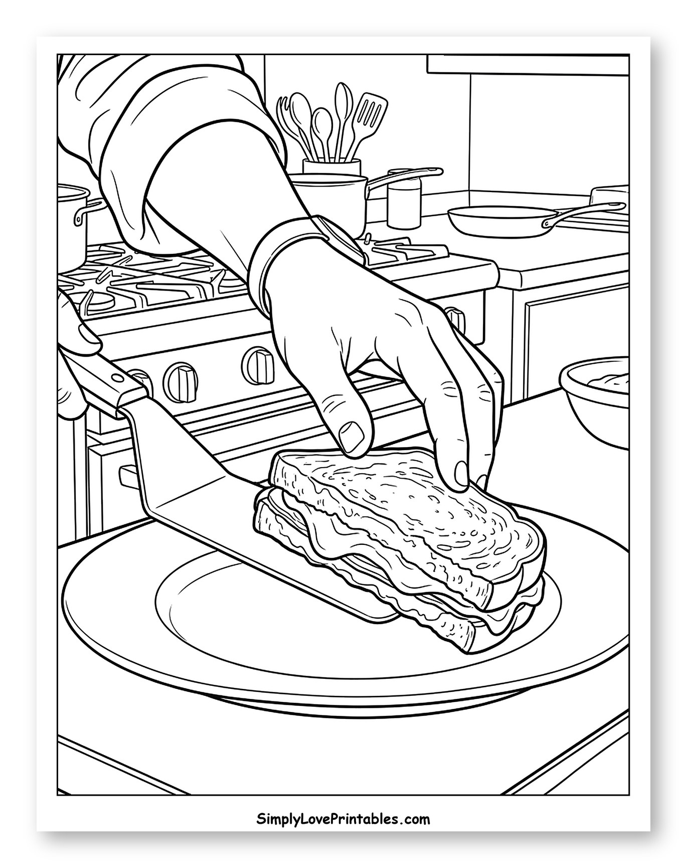 Cook Transferring Grilled Cheese to Plate Coloring Sheet
