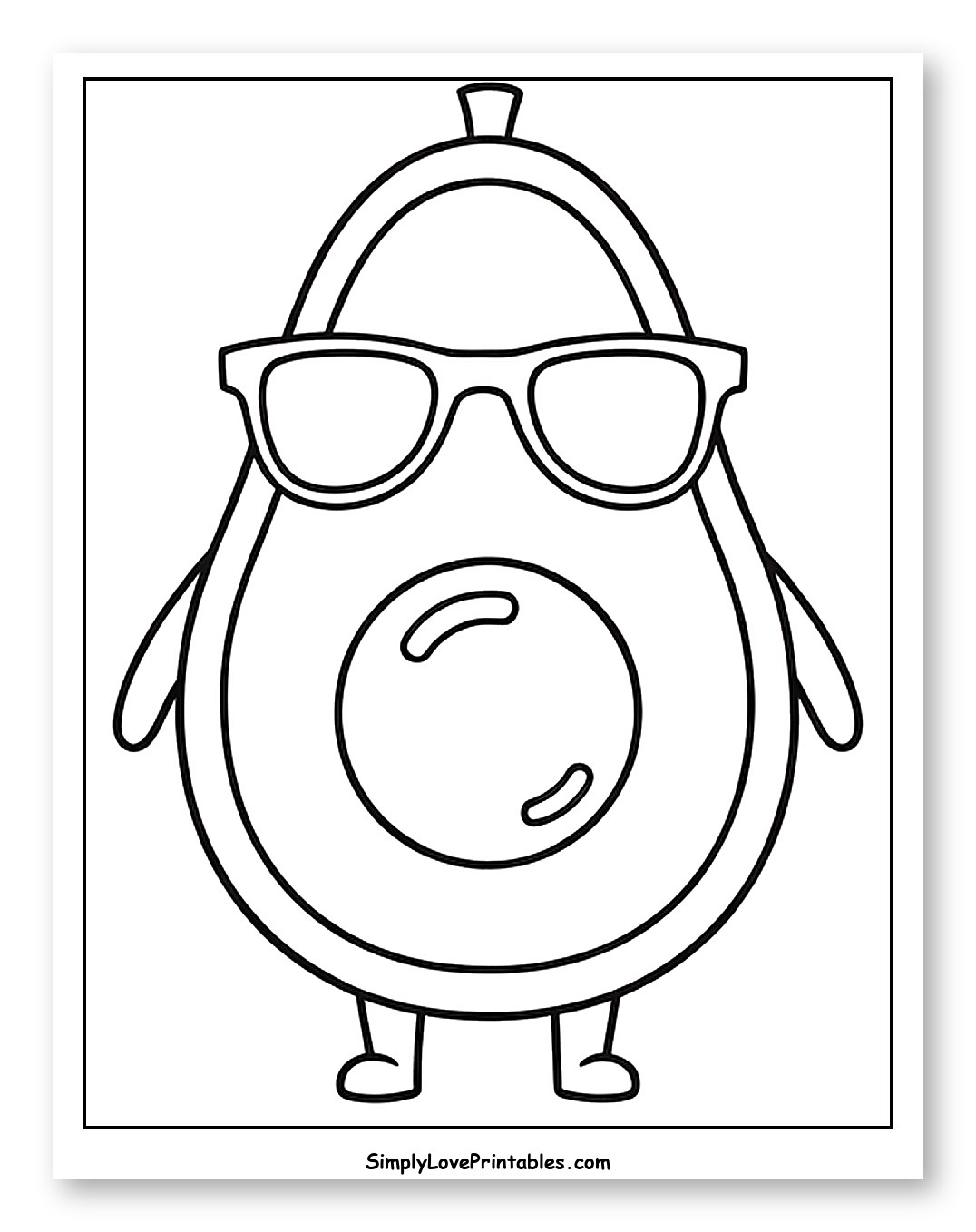 Cool Avocado Wearing Sunglasses Coloring Page for Toddlers