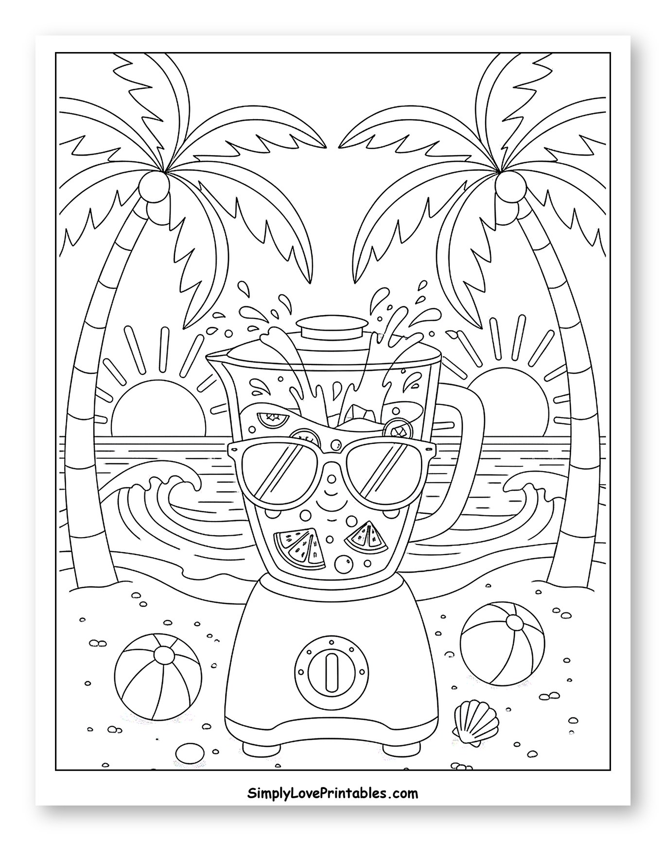 Cool Blender with Sunglasses on a Tropical Beach Coloring Page for Kids