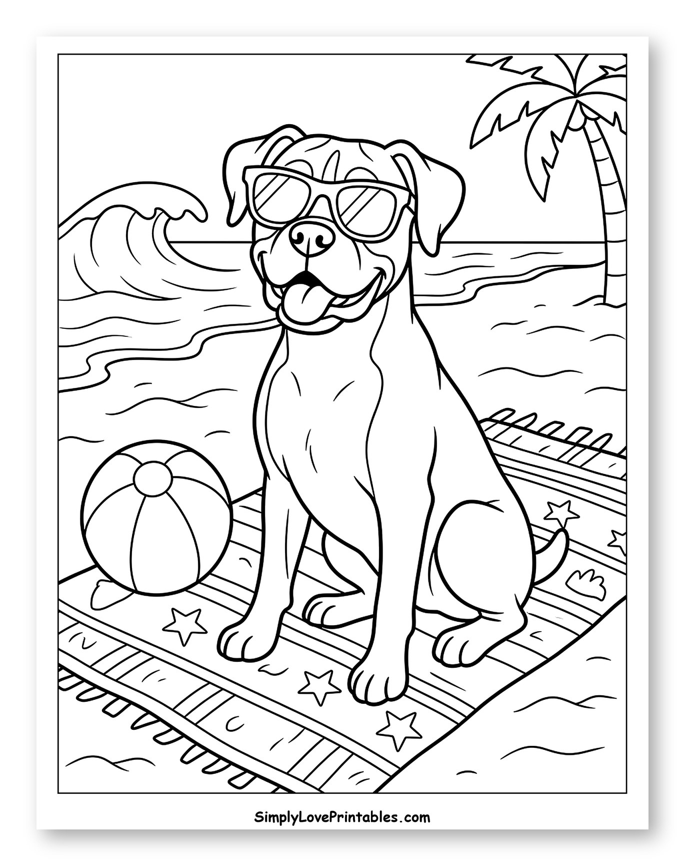 Cool Boxer Dog at the Beach to Color for Kids