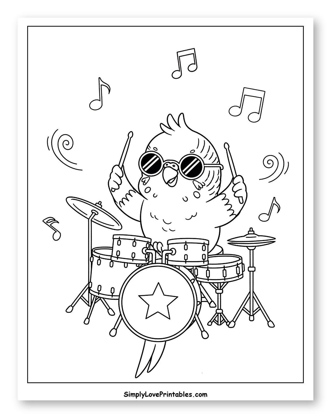 Cool Budgie Playing Drums with Sunglasses Coloring Page for Kids
