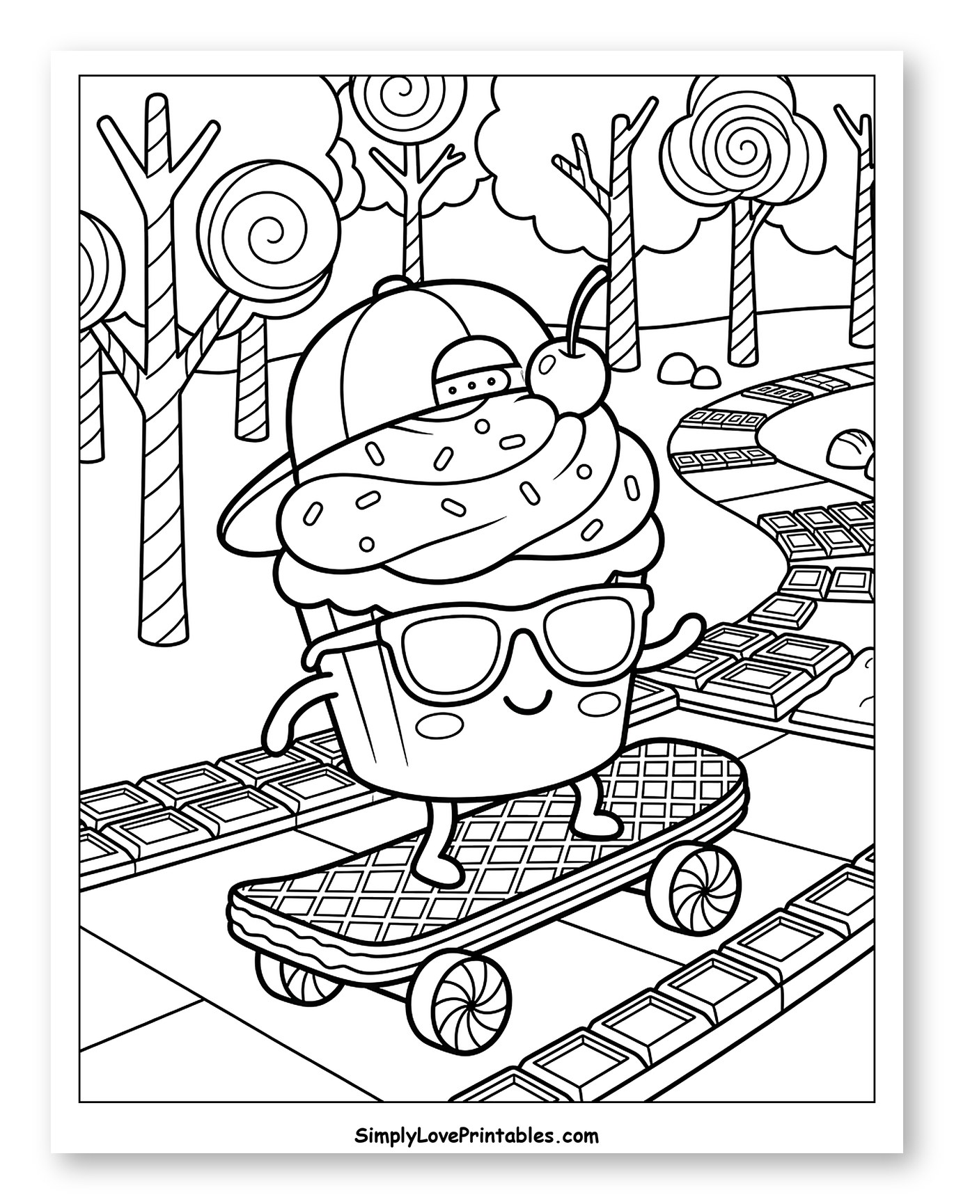 Cool Cupcake Skateboarding Through Candy Land to Color for Kids