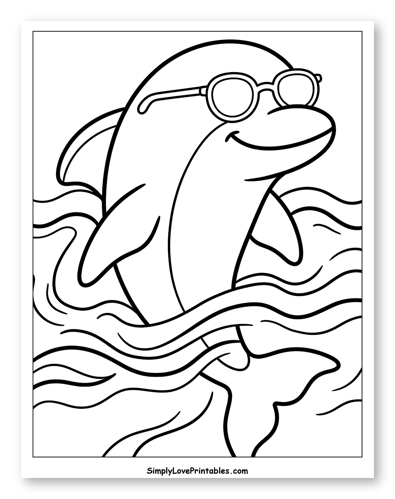 Cool Dolphin Wearing Sunglasses in Water to Color for Toddlers