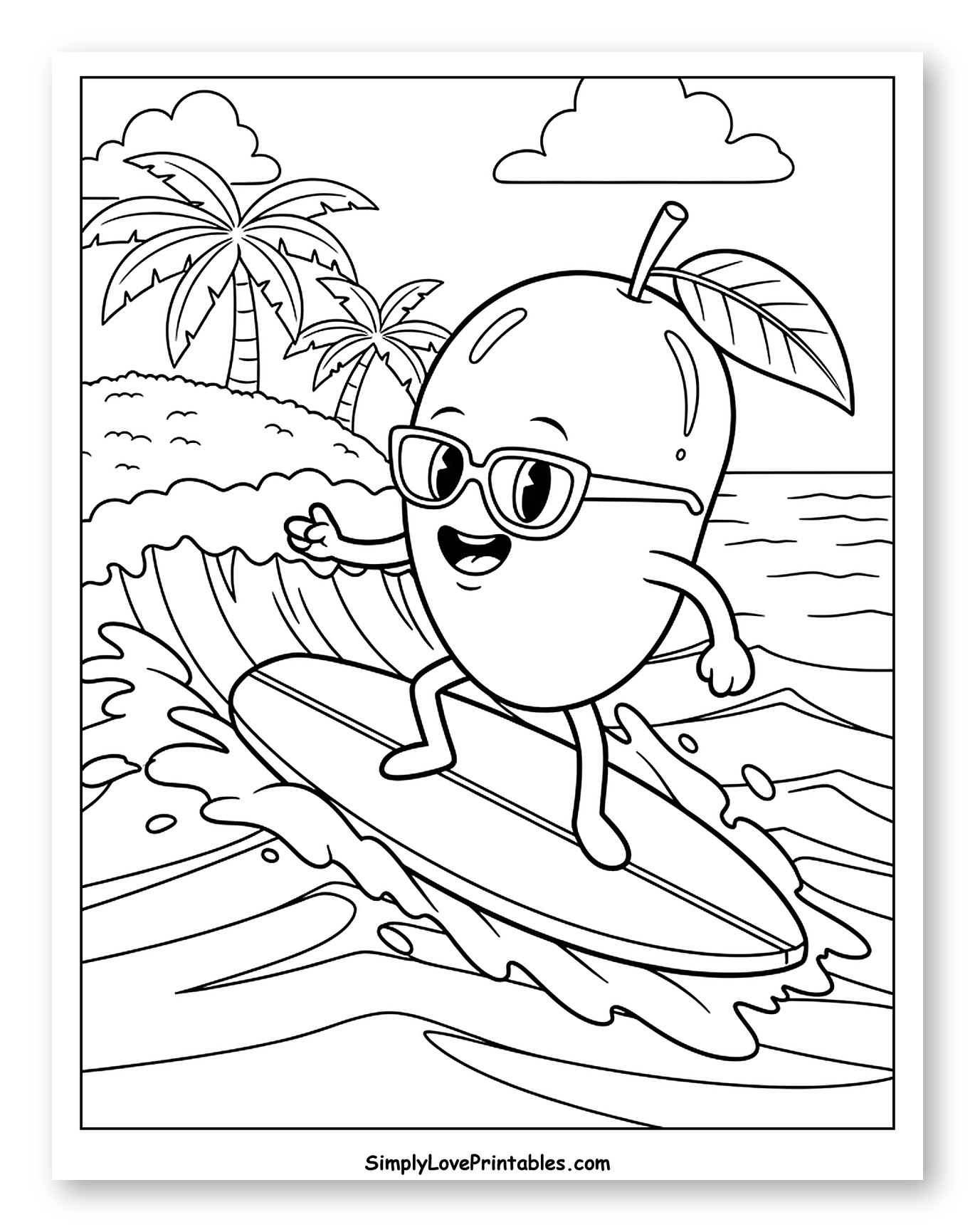 Cool Mango Character Surfing on a Wave to Color for Kids
