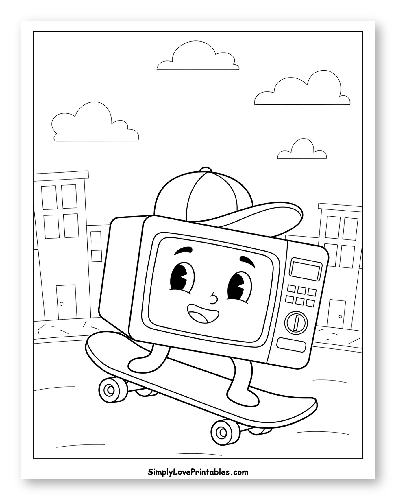 Cool Microwave Wearing a Cap Skateboarding Coloring Page for Kids