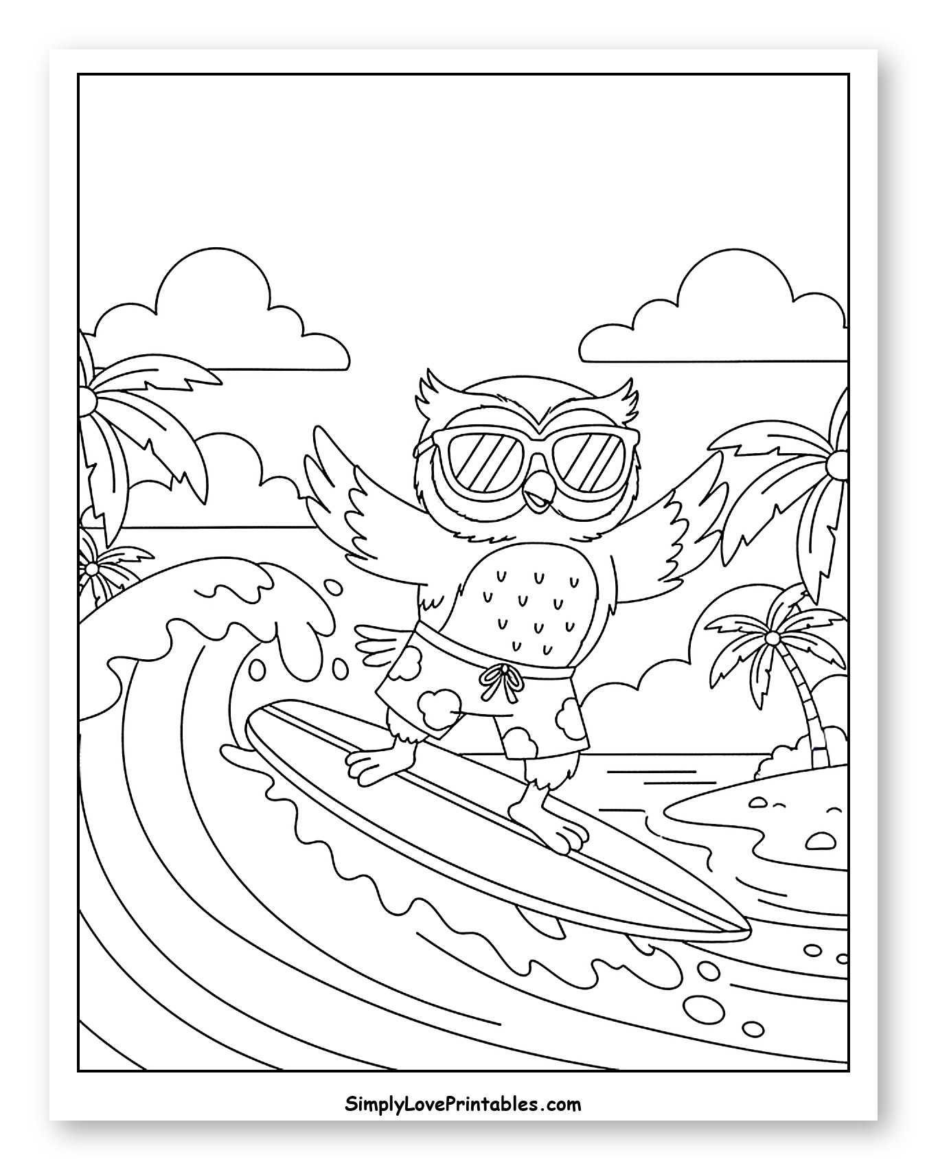 Cool Owl Surfing by Palm Trees Coloring Page for Kids