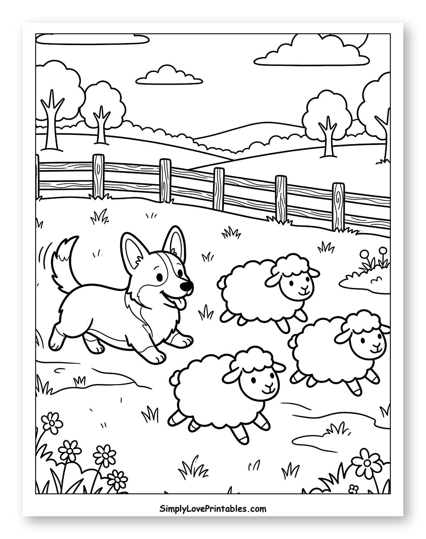 Corgi Dog Herding Sheep in a Field Coloring Sheet for Kids