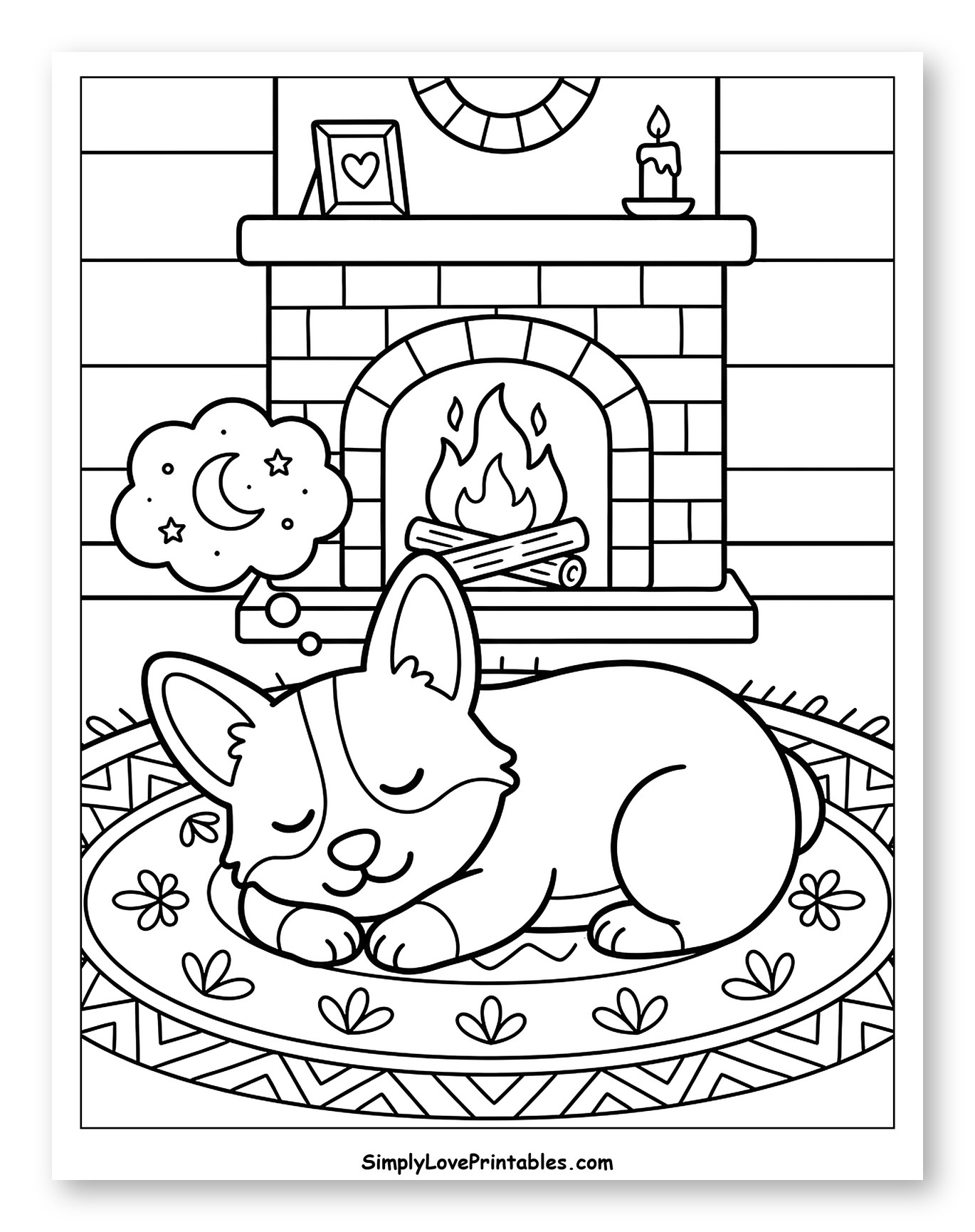 Corgi Dreaming by a Warm Fireplace Coloring Page for Kids