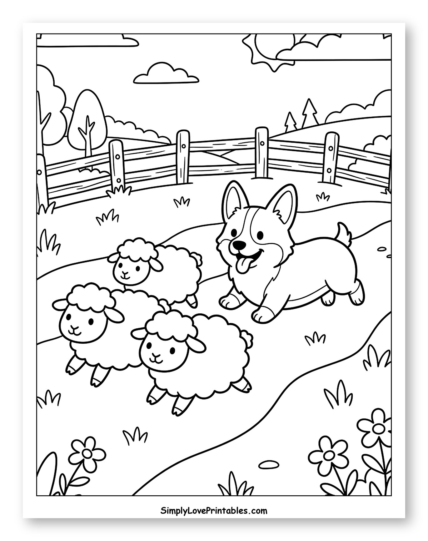 Corgi Herding Sheep in a Sunny Field