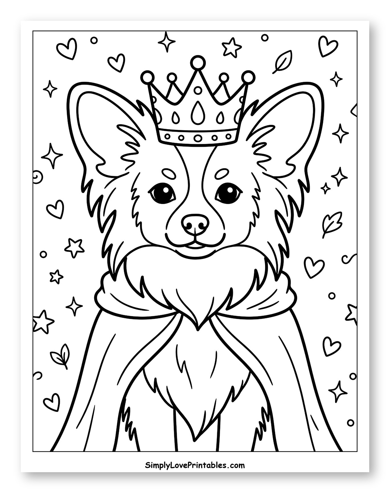 Corgi Puppy Wearing a Crown and Cape to Color for Adults