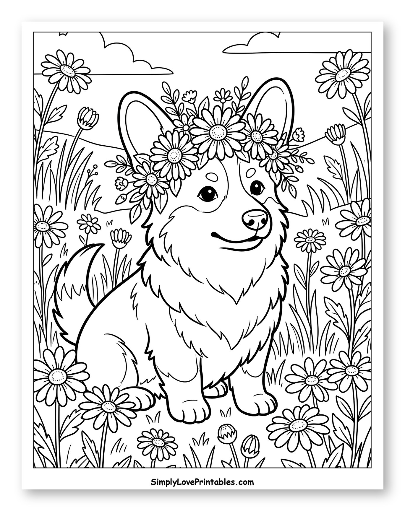 Corgi Wearing a Daisy Flower Crown