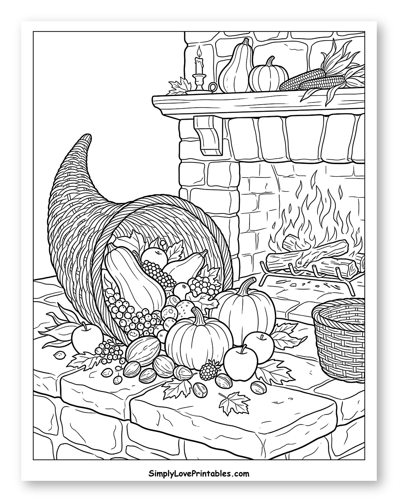 Cornucopia by a Cozy Fireplace to Color