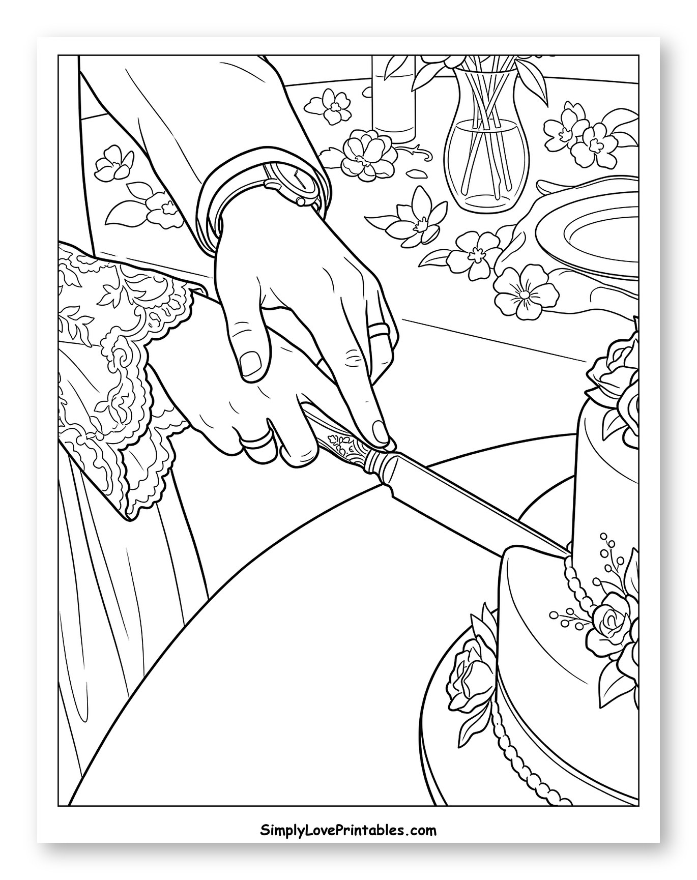 Couple Cutting Wedding Cake Together to Color