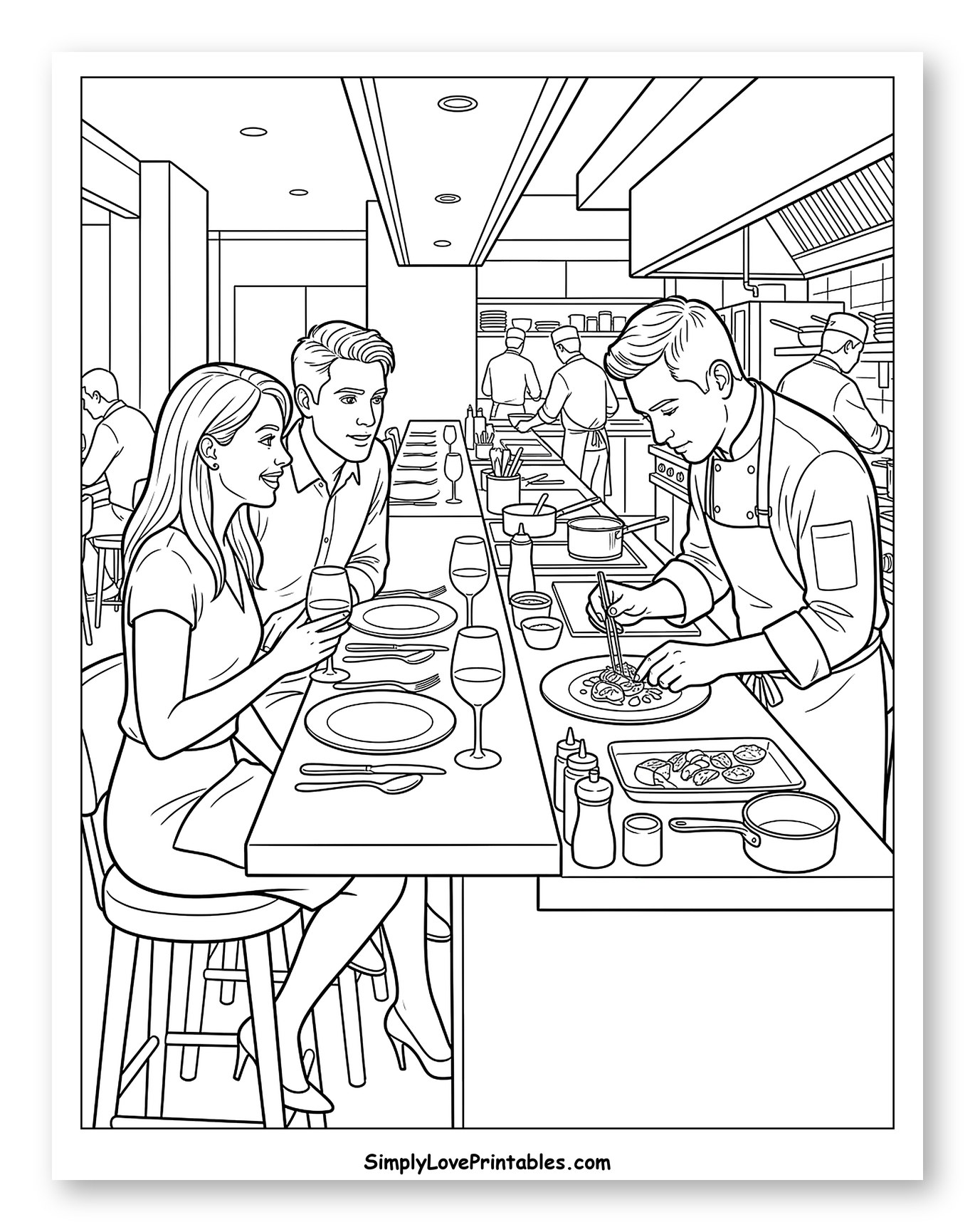 Couple Dining at Open Kitchen Restaurant Coloring Page
