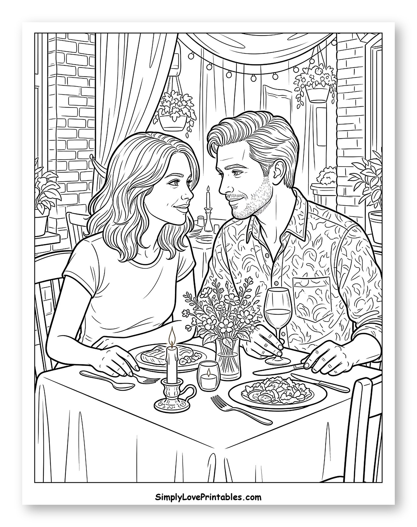 Couple Enjoying a Romantic Dinner Date Coloring Page