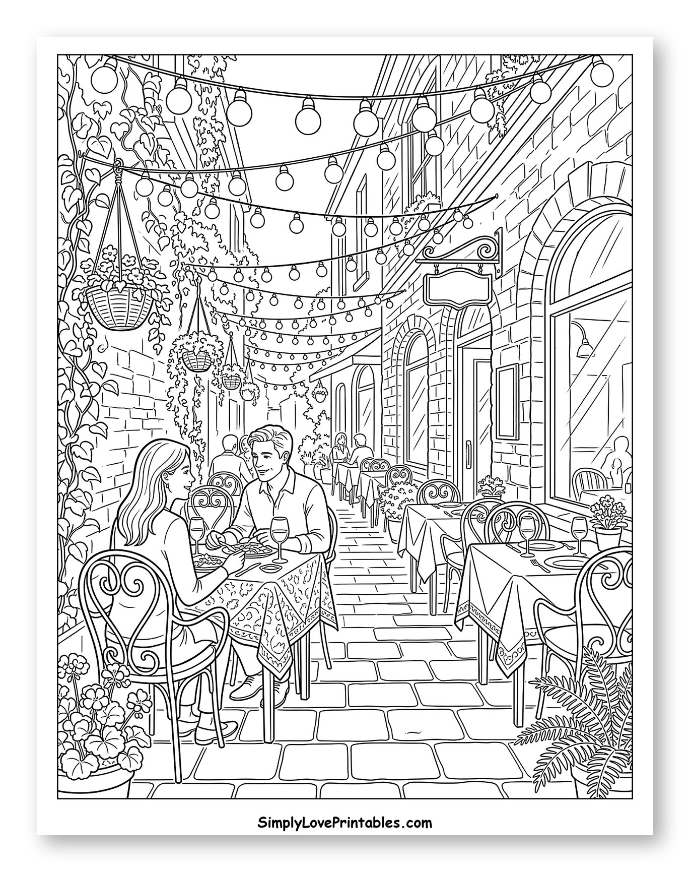 Couple Enjoying Dinner at an Outdoor Cafe Coloring Page