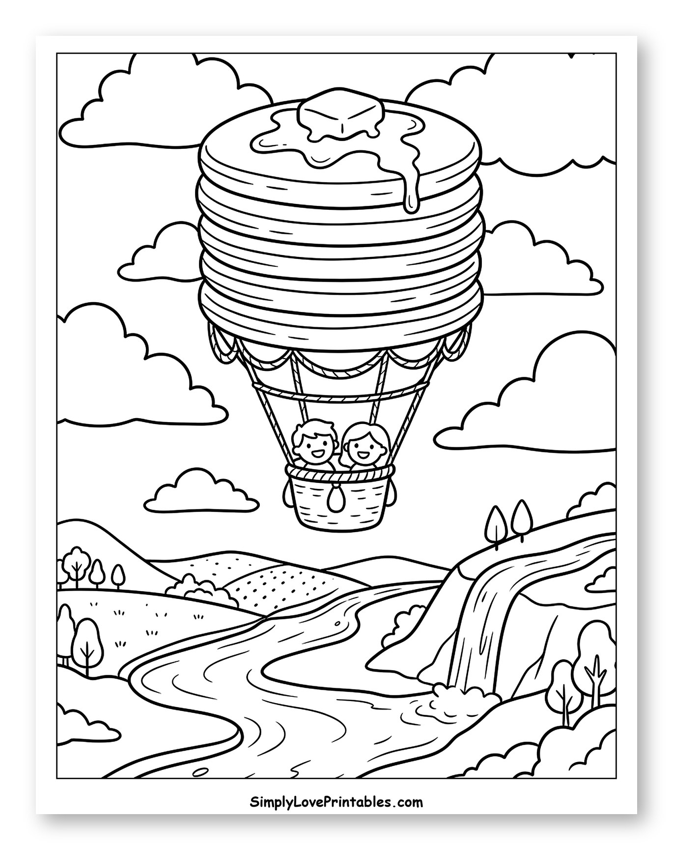 Couple in a Pancake Balloon Above a Waterfall Coloring Sheet for Kids