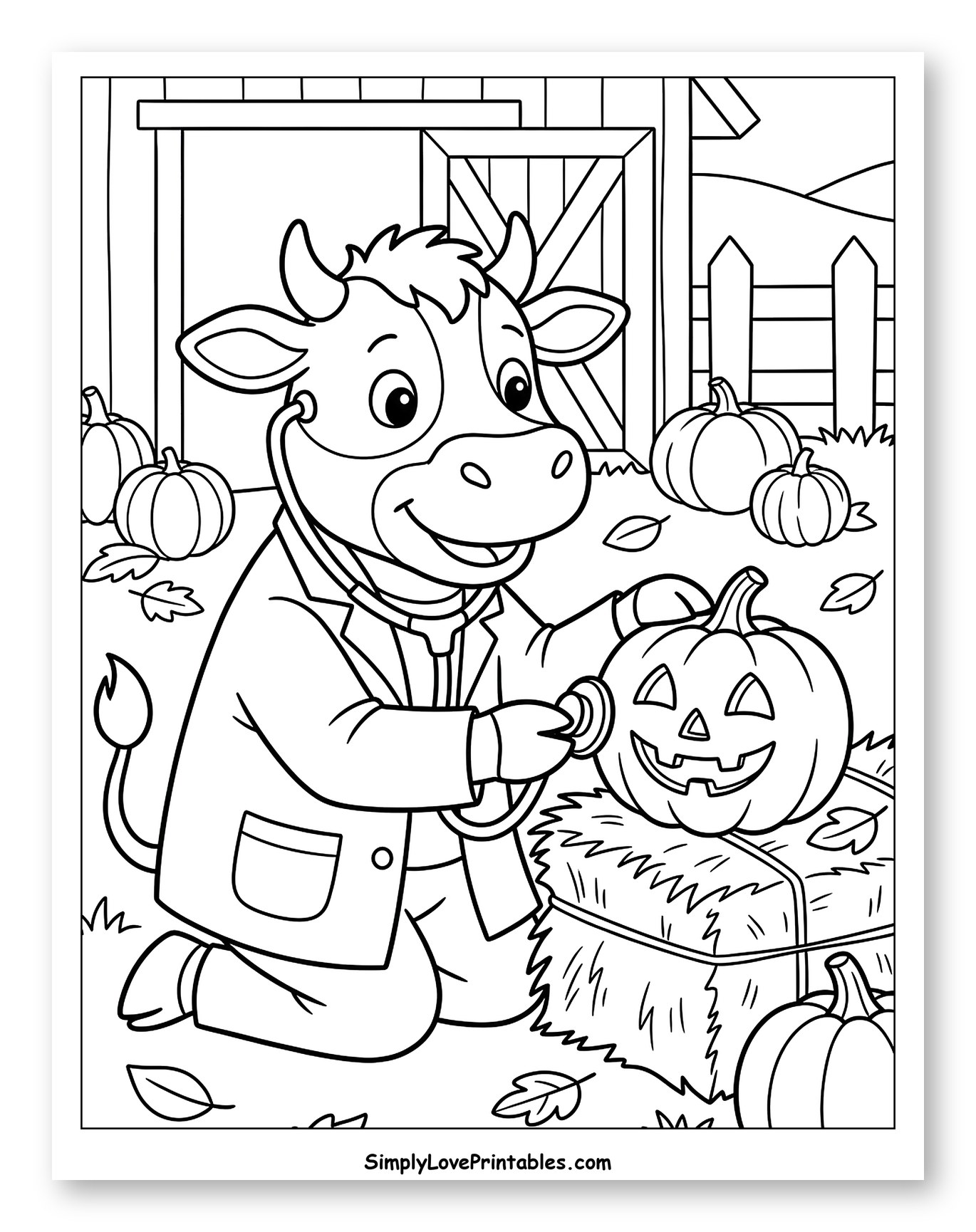 Cow Doctor Checking a Jack-o'-Lantern Coloring Page for Kids