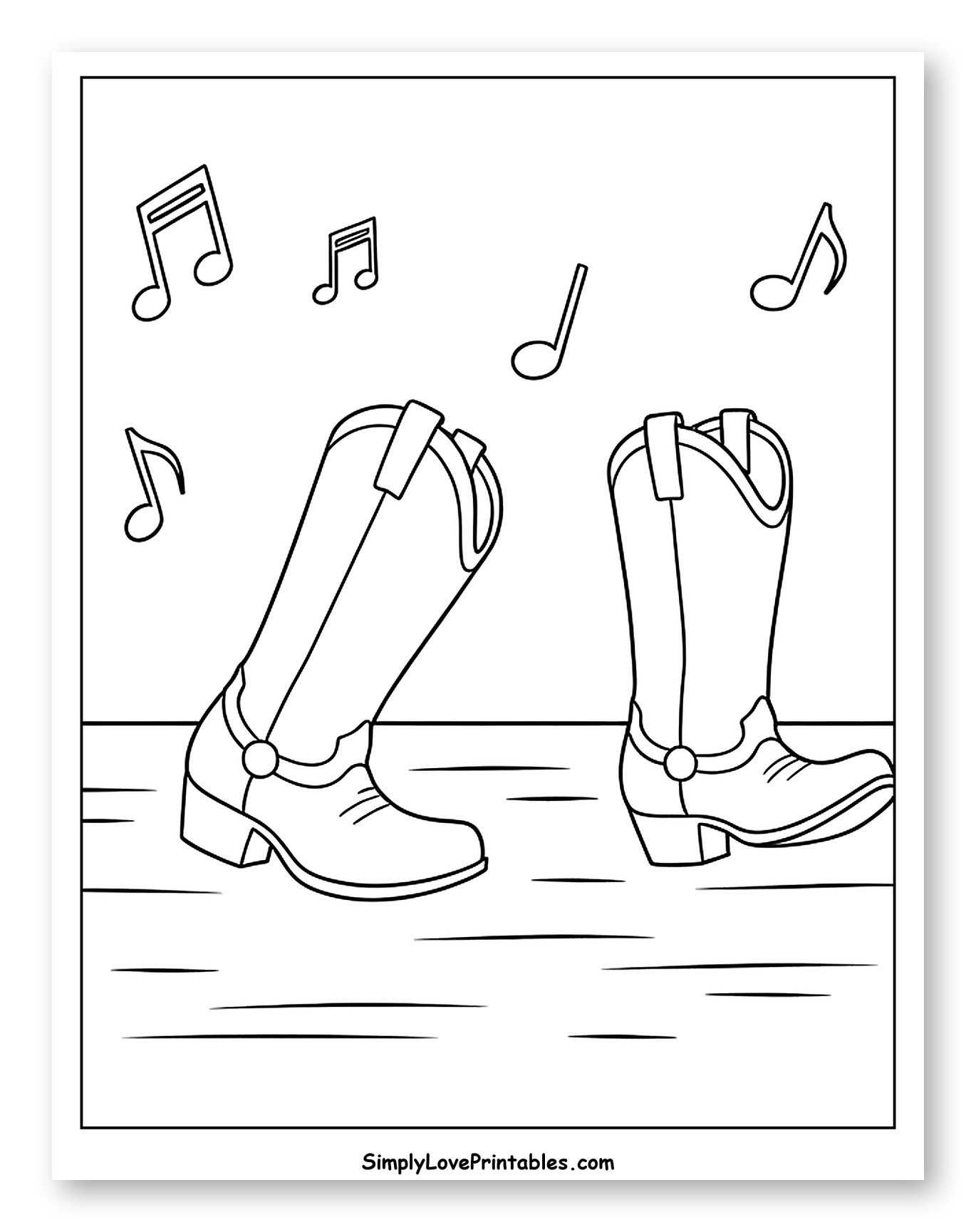 Cowboy Boots Dancing with Musical Notes Coloring Page for Kids