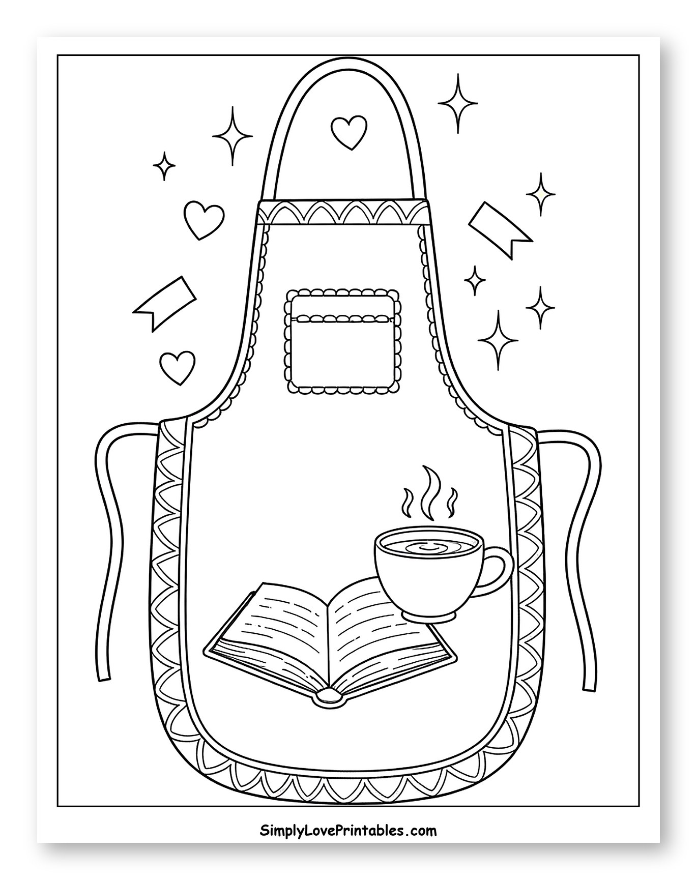 Cozy Apron with Book, Coffee, and Hearts Coloring Page for Adults