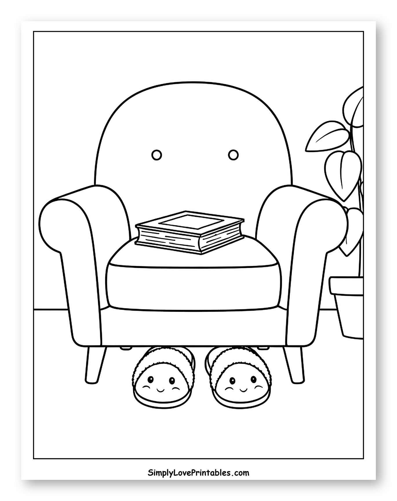 Cozy Armchair with Book and Cute Slippers Coloring Sheet for Kids