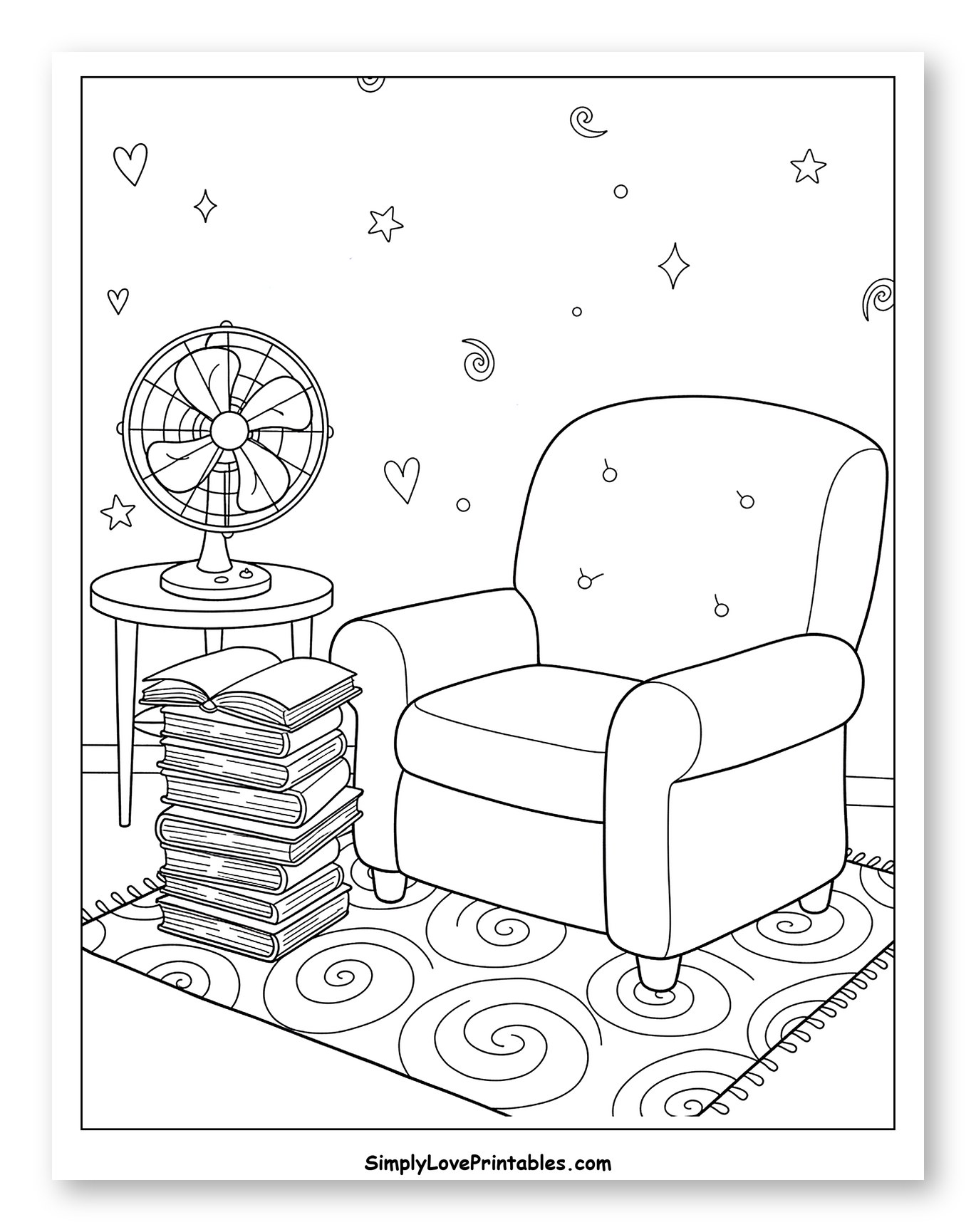 Cozy Armchair with Fan and Stack of Books
