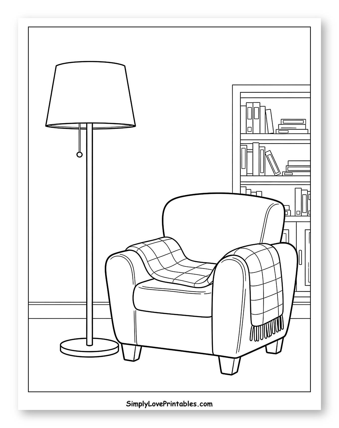 Cozy Armchair with Lamp and Bookshelf Coloring Sheet for Kids
