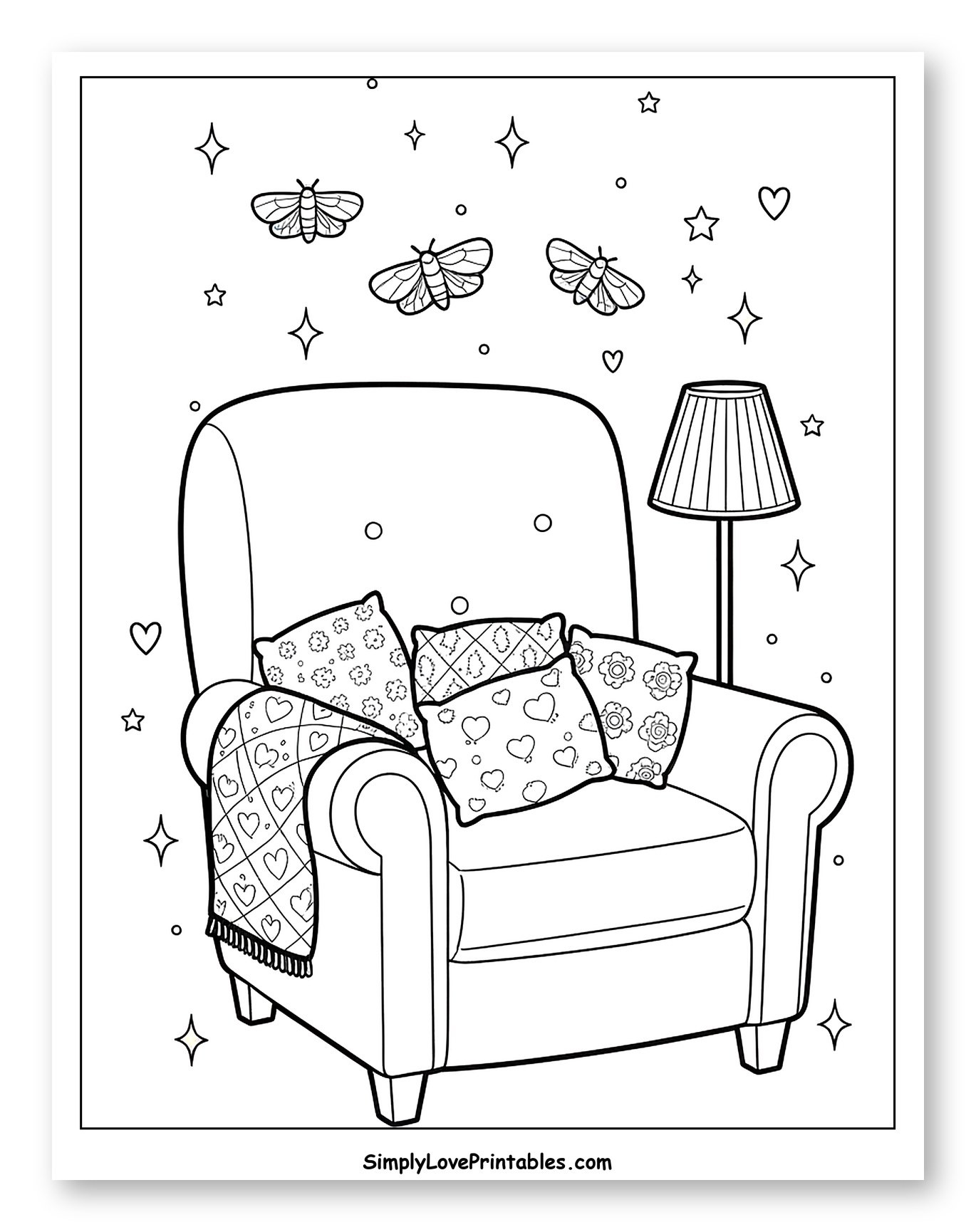 Cozy Armchair with Pillows, Blanket, and Moths to Color for Adults