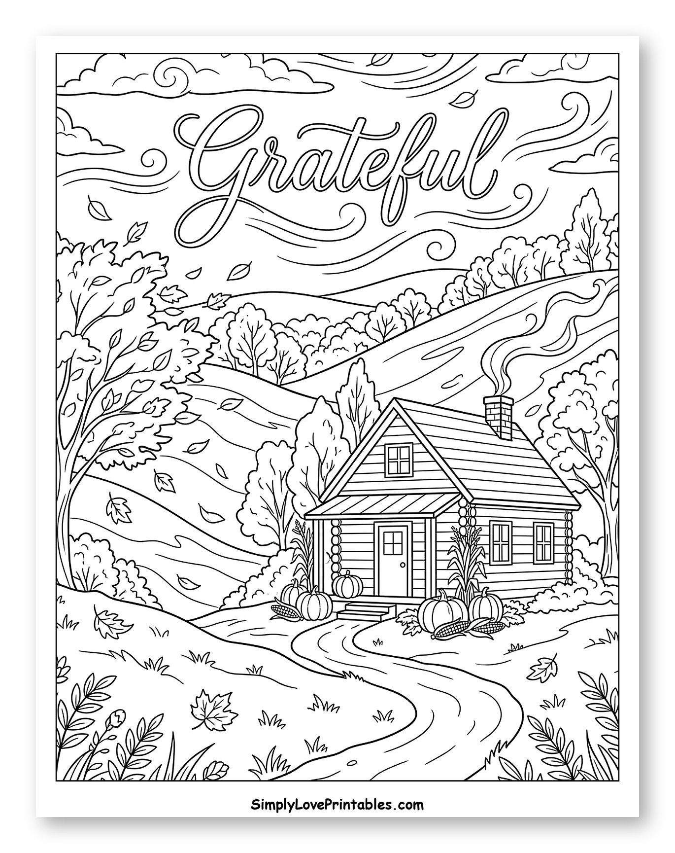 Cozy Autumn Cabin with Grateful Script