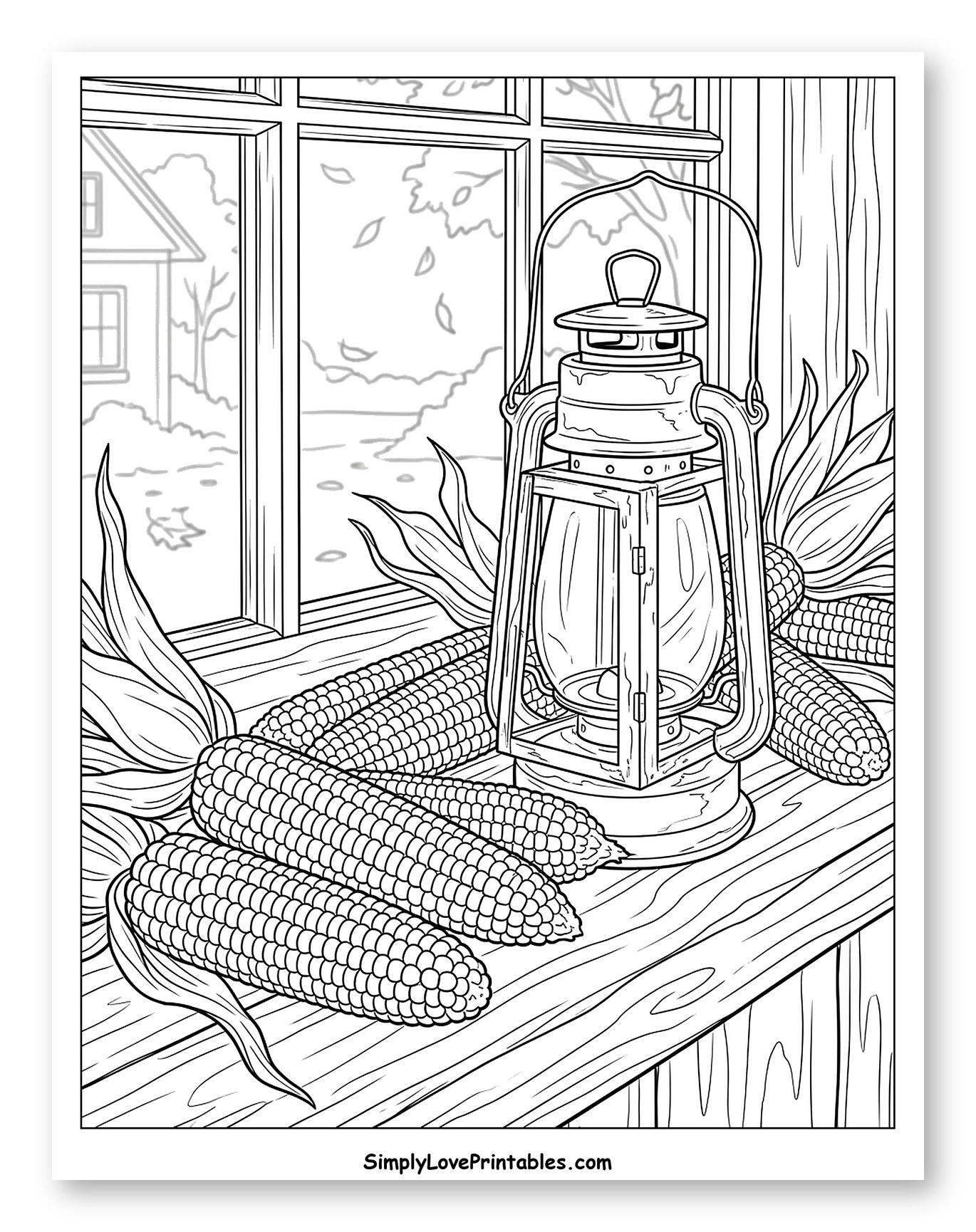 Cozy Autumn Corn and Lantern Still Life to Color