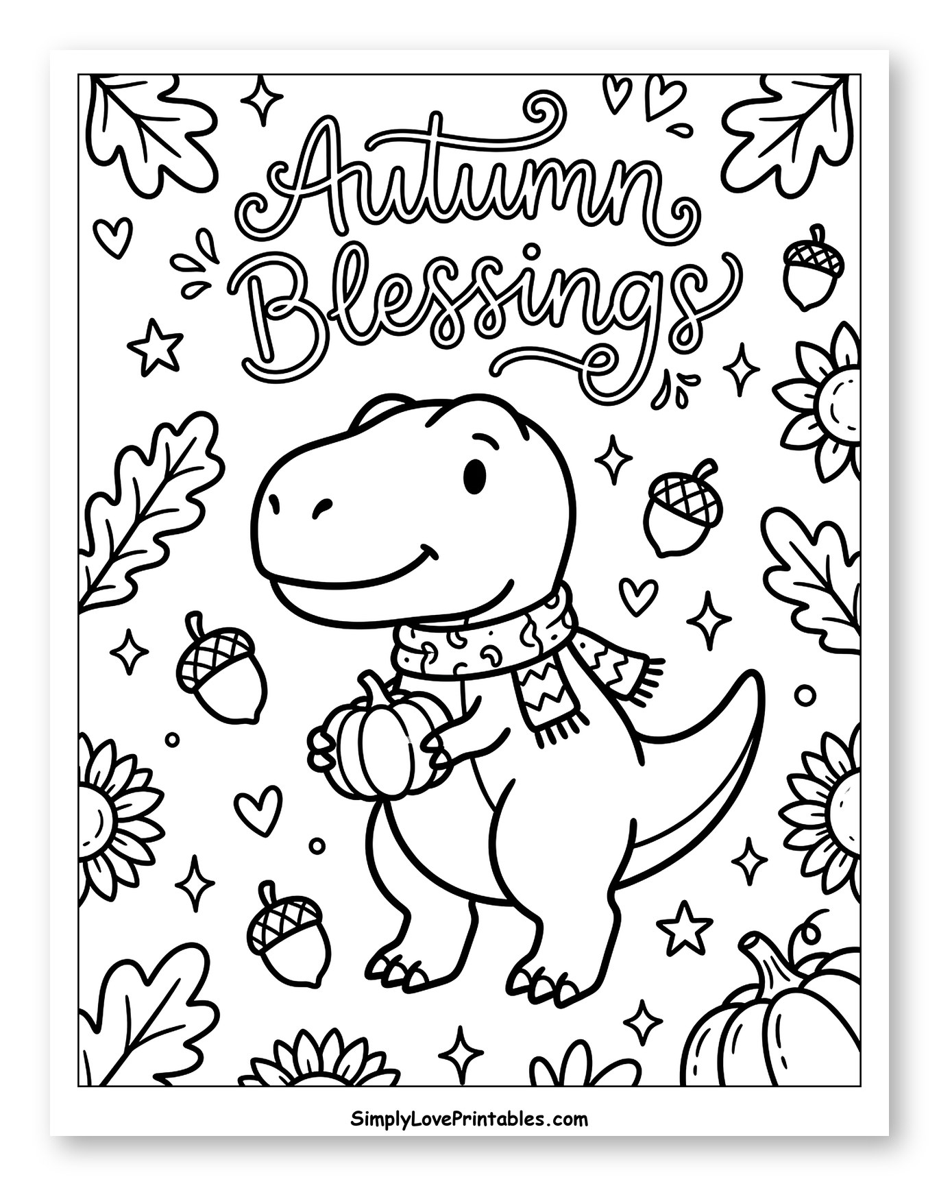 Cozy Autumn Dinosaur Holding a Little Pumpkin Coloring Sheet for Adults