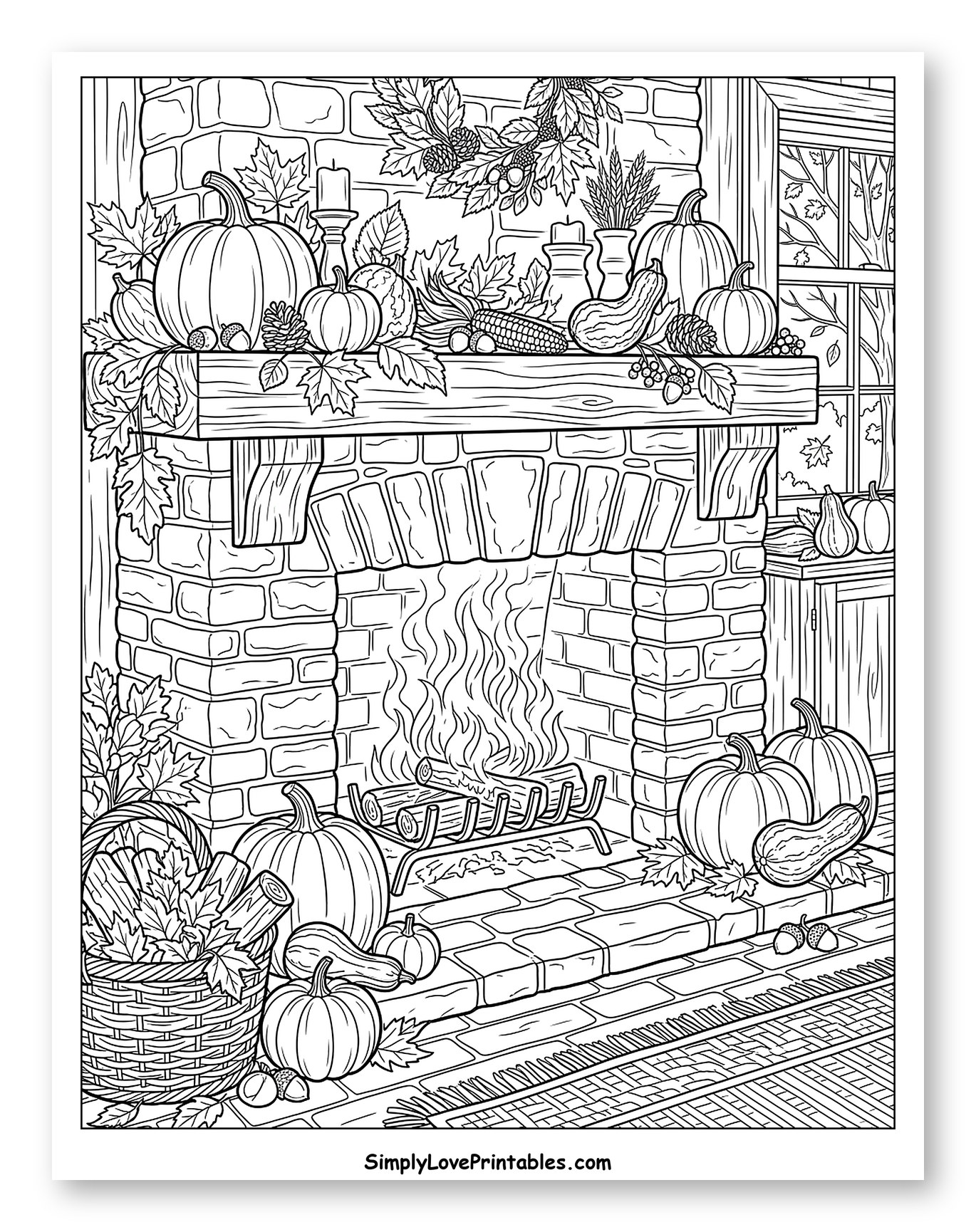 Cozy Autumn Fireplace Decorated with Harvest Pumpkins